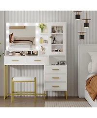 gaomon Makeup Vanity with Upholstered Stool & Charging Station, Vanity Desk with Mirror and Lights