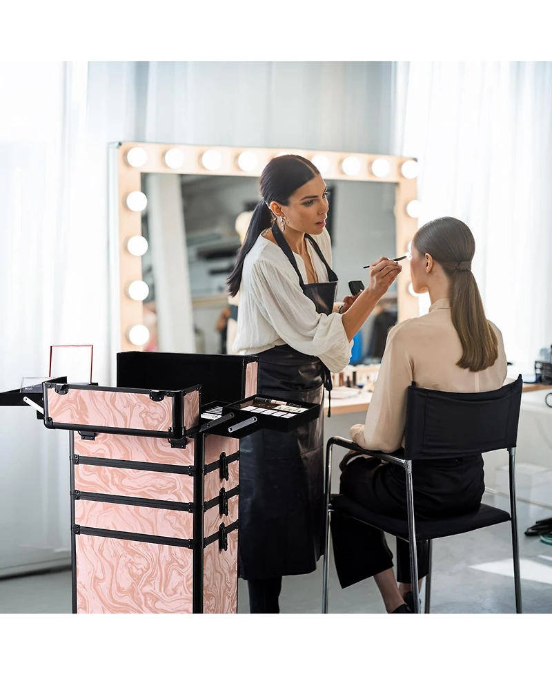 Byootique Rolling Makeup Train Case Trolley w/ Cube Case Cosmetic Organizer Pink