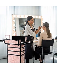 Byootique Rolling Makeup Train Case Trolley w/ Cube Case Cosmetic Organizer Pink