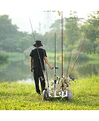 Mecale Beach Fishing Cart, 300 lbs Capacity, Aluminum Pier Wagon with Two 13" Pu Balloon Tires and 8 Rod Holders