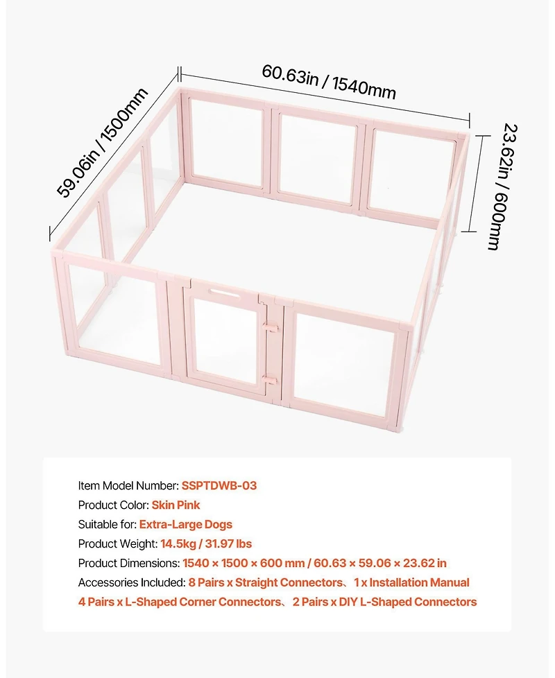 Cozito Dog Whelping Box, 60 x 59 x 23 in Clear Plastic Whelping Pen for X-Large Dogs, Waterproof w/ Windows & Door Lock, Easy-Clean Indoor Birth Kit
