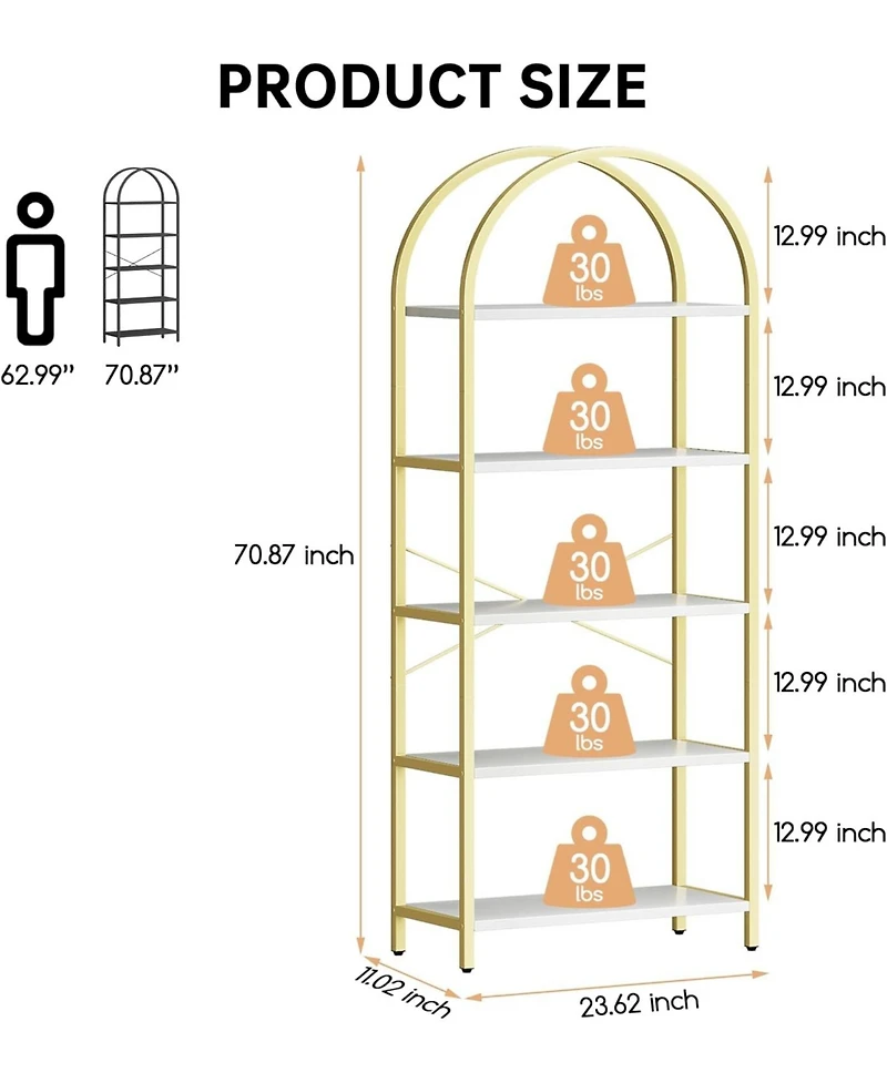 gaomon Set of 2 Modern Arched Bookcases, 5-Tier Metal Frame Shelves with Marble Finish for Living Room & Office