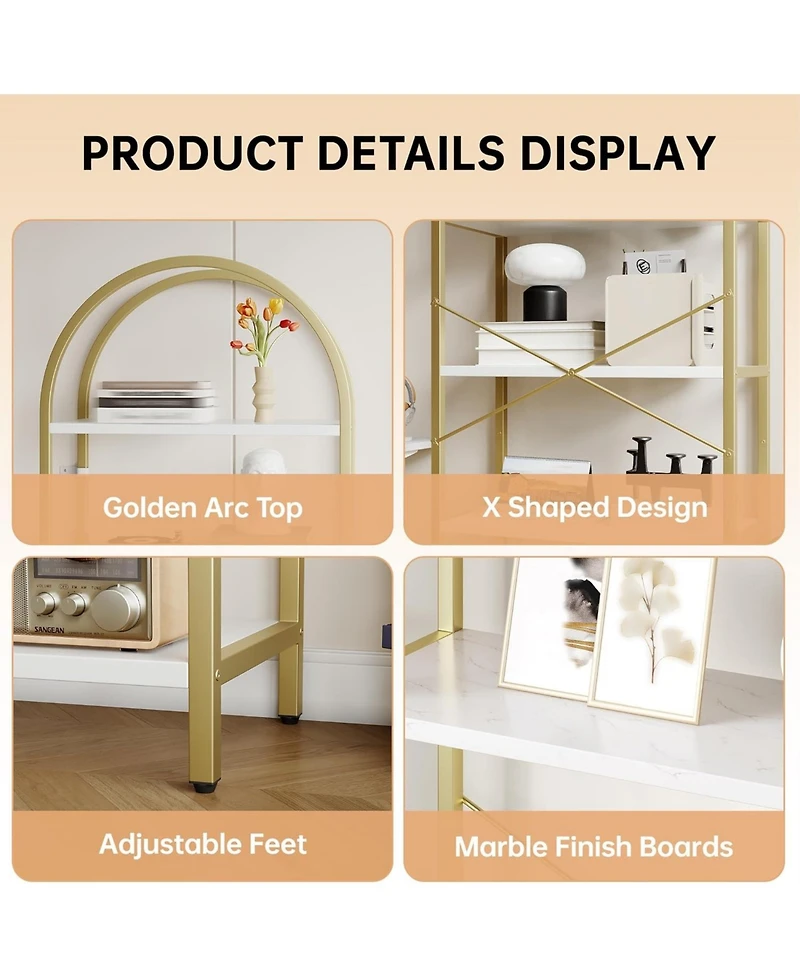 gaomon Set of 2 Modern Arched Bookcases, 5-Tier Metal Frame Shelves with Marble Finish for Living Room & Office