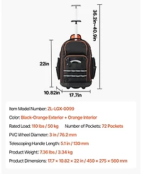Mecale Rolling Tool Backpack on Wheels, 110 lb Capacity, 72 Pockets, Heavy-Duty Tool Organizer, Telescoping Handle, Stable Base
