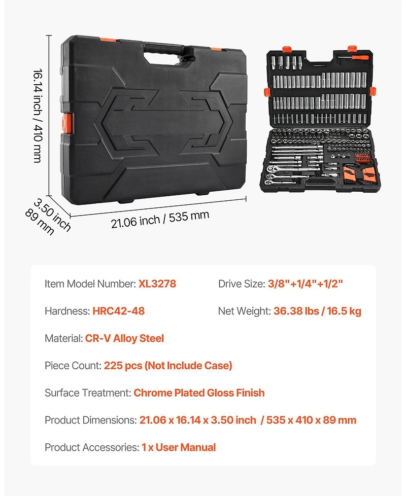 Mecale 225-Piece Socket & Ratchet Set, 1/4" 3/8" 1/2" Drive Sae & Metric, Deep & Shallow, Bits, Accessories, Case, Cr-v