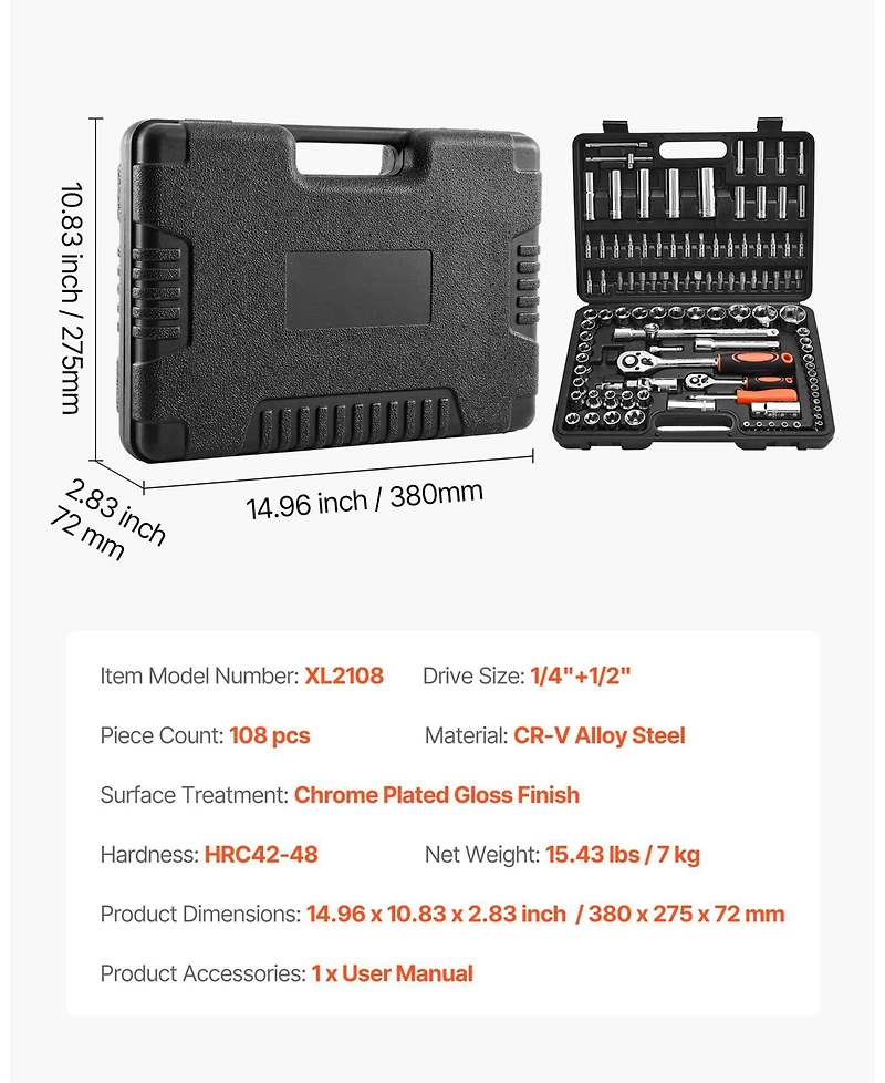 Mecale 108-Piece Socket & Ratchet Set, 1/4" & 1/2" Drive Metric 4–32mm, Bits & Accessories, Storage Case, Cr-v Alloy Steel