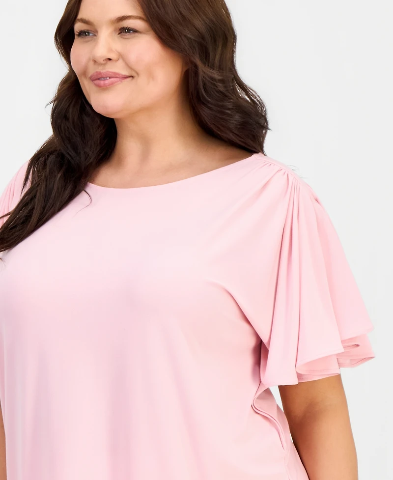 Anne Klein Plus Crewneck Cascade-Flutter-Sleeve Top