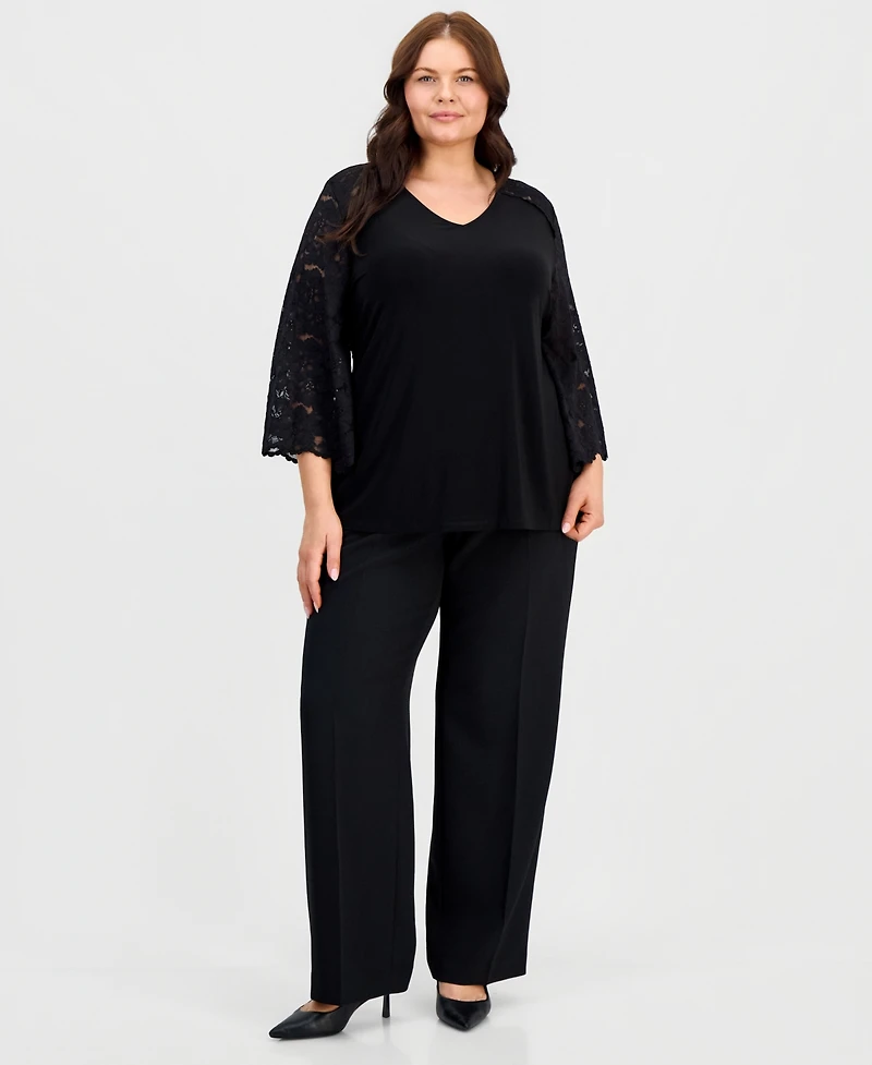 Kasper Plus Lace Bell-Sleeve V-Neck Top