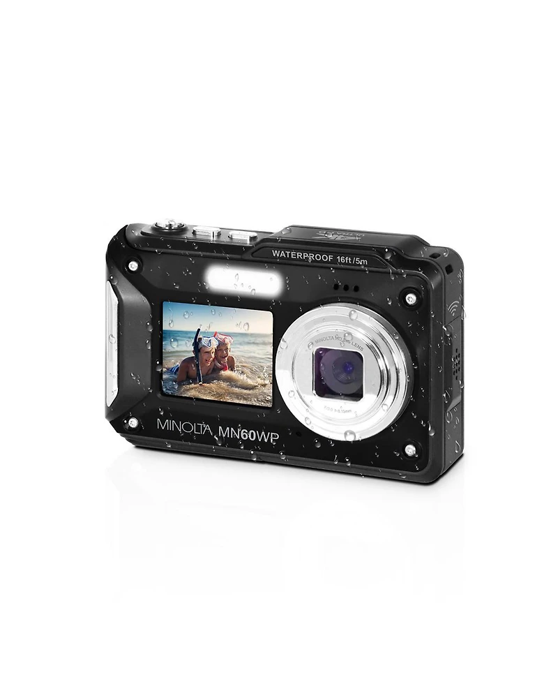 Minolta MN60WP 48MP 4K Ultra Hd Dual Lcd Screen Waterproof Digital Camera, Black, Bundle with 64GB Memory Card, Mt-11 Tripod and Usb Card Reader