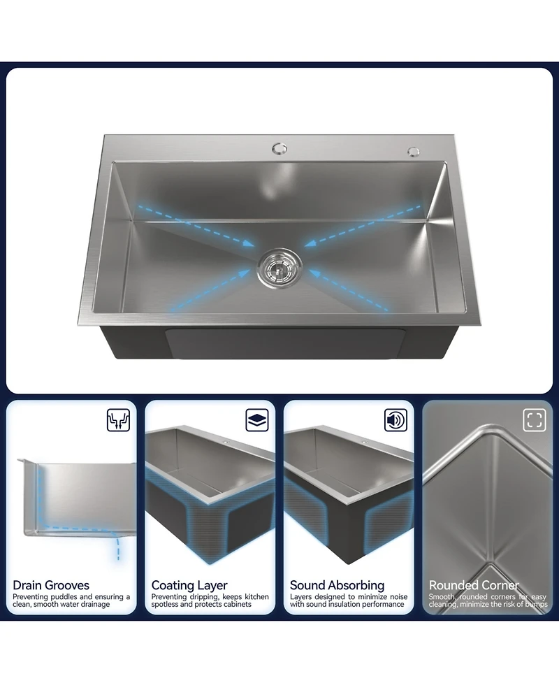 flynama 32x19inch Brushed Nickel Stainless Steel Kitchen Sink Overmount Single Bowl Handmade