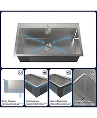 flynama 32x19inch Brushed Nickel Stainless Steel Kitchen Sink Overmount Single Bowl Handmade