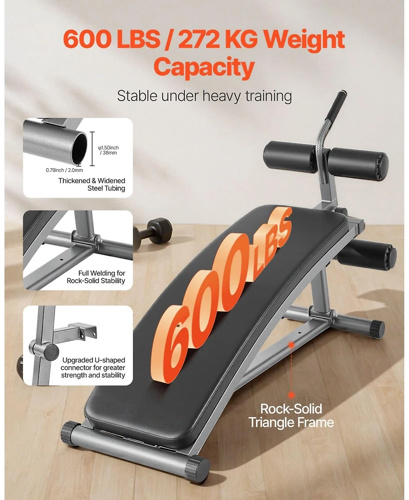Mecale Sit Up Bench, Curved Decline Ab Bench with Reverse Crunch Handle and 6 Height Settings, 600 lb Capacity for Home Gym