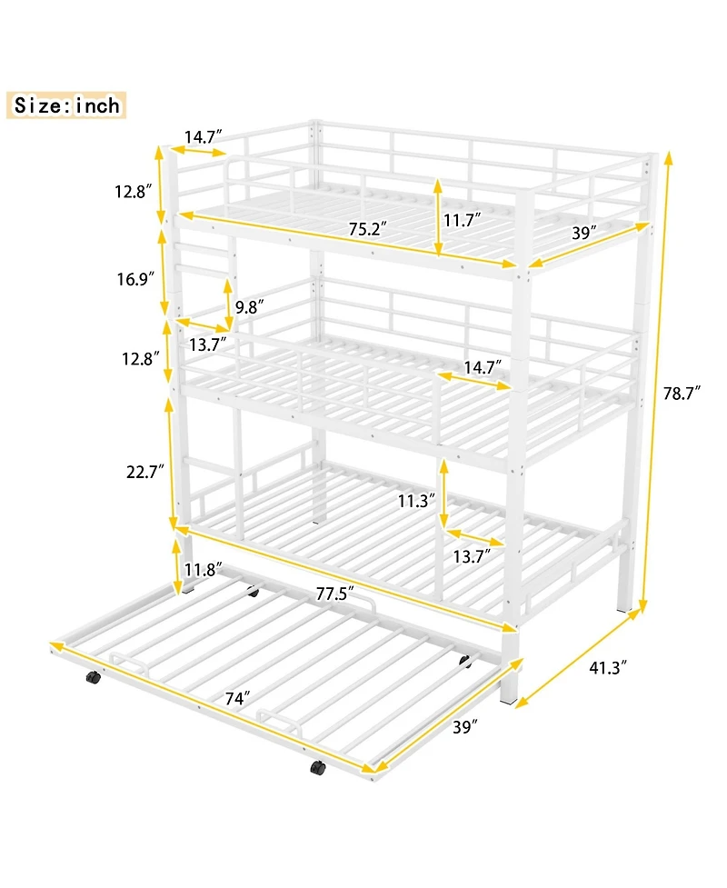 Boyel Living Metal Twin Size Triple Bunk Bed With Trundle