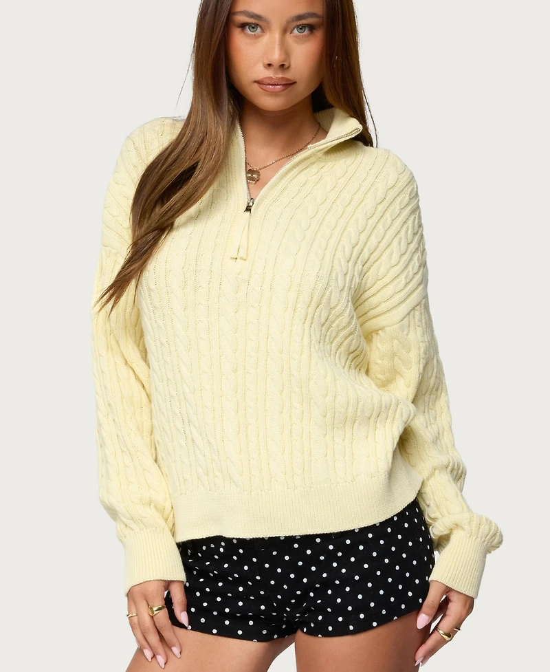 Edikted Women's Sarie Cable Knit Quarter Zip Sweater