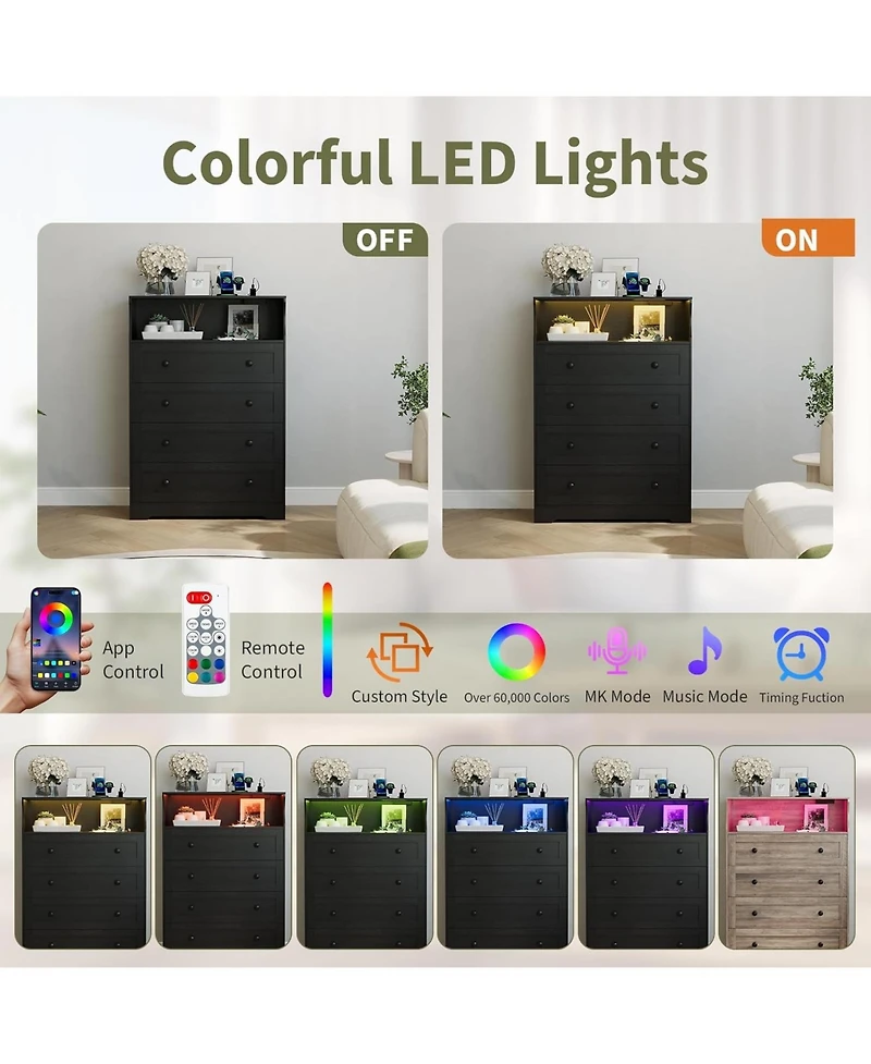 gaomon 4 Drawer Wood Dressers for Bedroom with Led Lights and Charging Station, Modern Nightstand for Bedside, Wooden Chest of Drawers