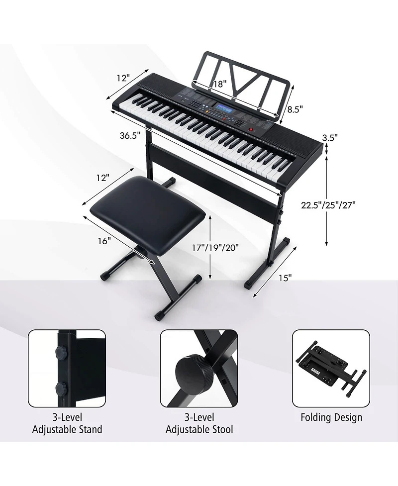 Costway 61-Key Electric Piano Keyboard for Beginners with Adjustable Stand and Stool