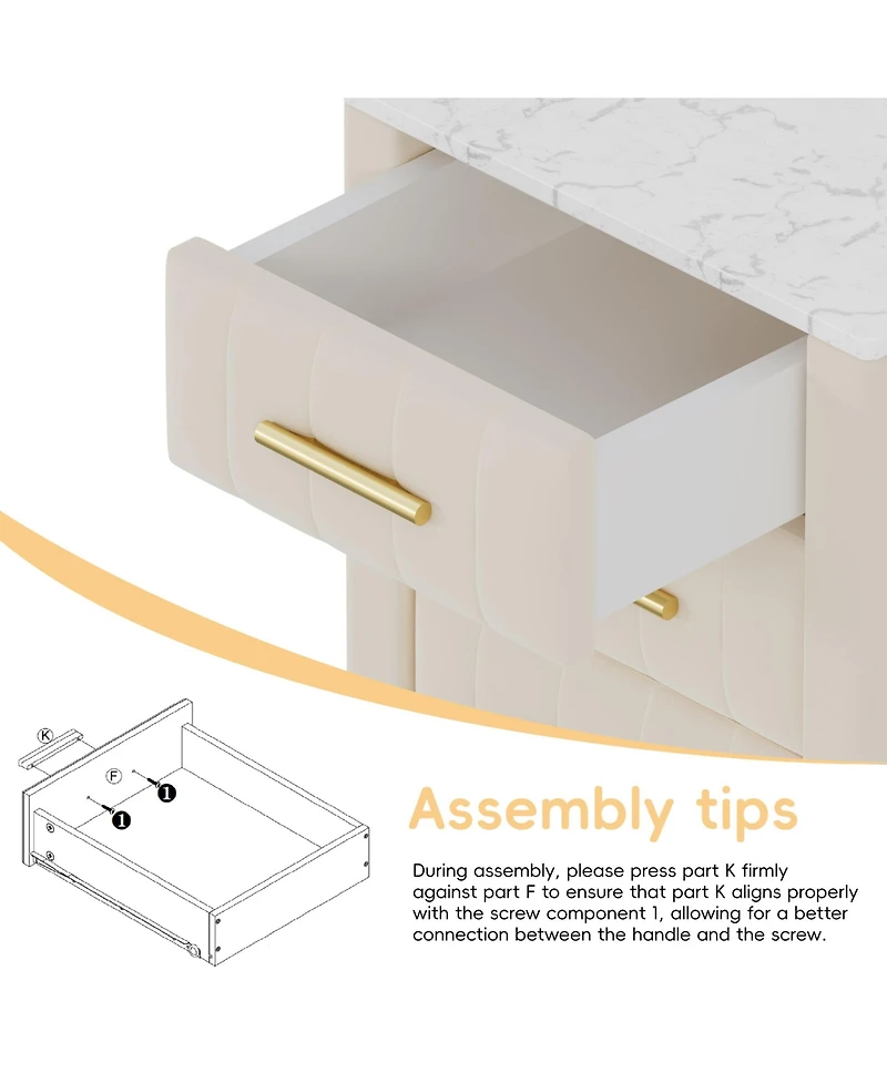 Rainsken Velvet Nightstand with 3 Drawers, Upholstered Bedside Table with Faux Marble Top and Metal Legs for Bedroom and Living Room