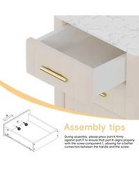 Rainsken Velvet Nightstand with 3 Drawers, Upholstered Bedside Table with Faux Marble Top and Metal Legs for Bedroom and Living Room