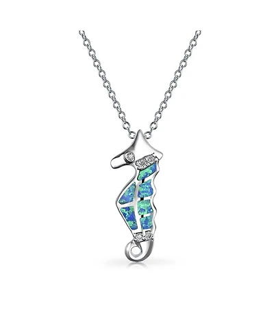 Bling Jewelry Sea Animal Nautical Created Blue Opal Seahorse Pendant Necklace Sterling Silver
