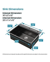 flynama 30x22inch Black Stainless Steel Kitchen Sink Single Bowl Overmount Handmade