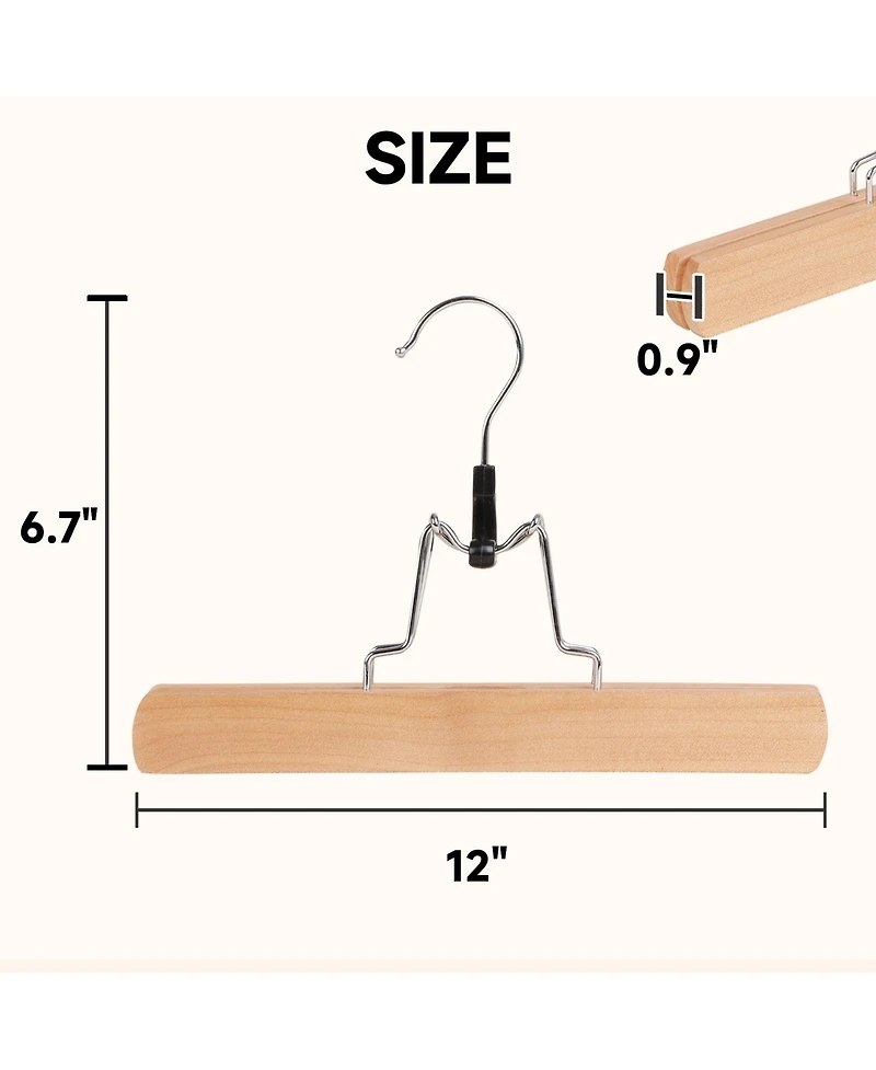 BP4U 12" Wood Clamp Hangers with Felt Lining, Non-Slip Wooden Pants/Skirts Hangers for Trousers, Jeans, Shorts, and Delicate Fabrics