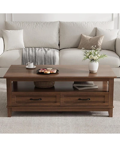 gaomon Farmhouse Coffee Table with Drawers, 47.2" Rustic Walnut Center Table, Ample Storage, Elegant Design, Brown