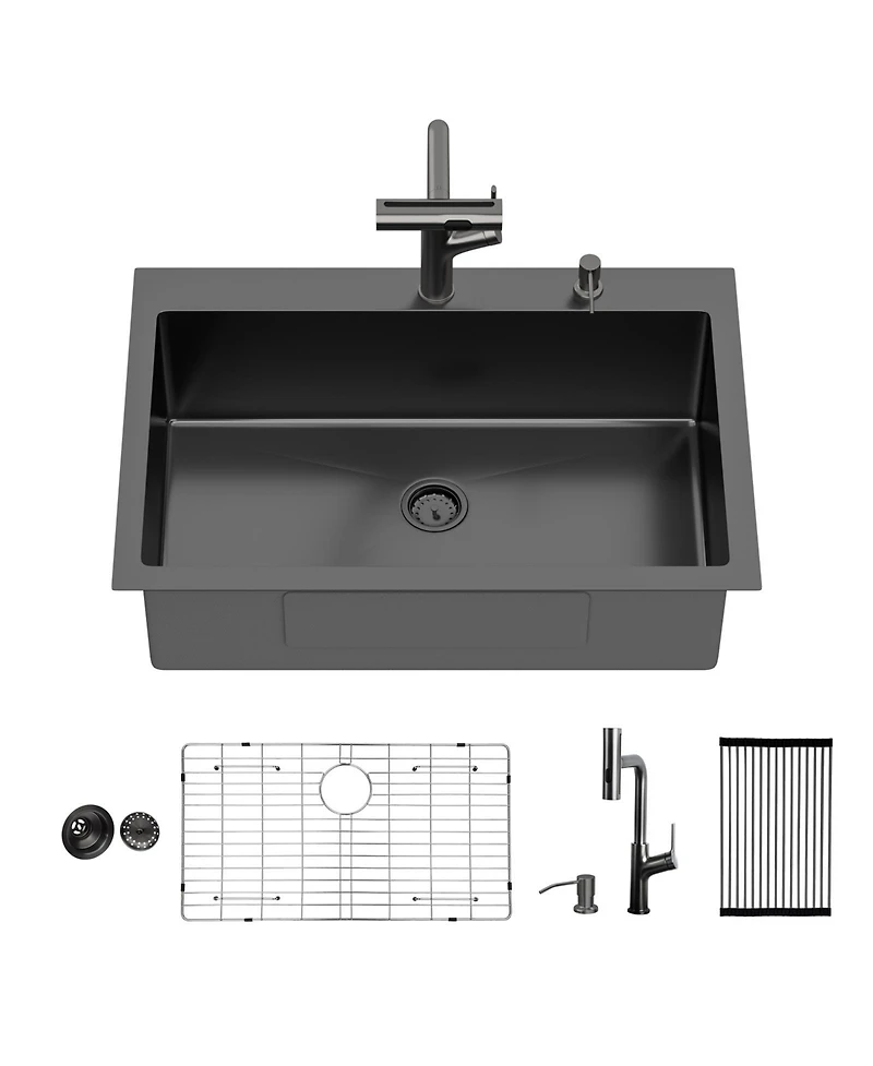 flynama 33x22x10inch Gunmetal Black Kitchen Sink with Pull Out Faucet Soap Dispenser Stainless Steel