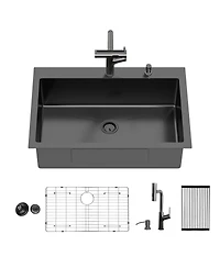 flynama 33x22x10inch Gunmetal Black Kitchen Sink with Pull Out Faucet Soap Dispenser Stainless Steel