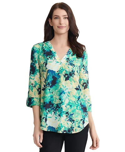 Jones New York Women's V-Neck Roll-Up Sleeve Tabs Tunic Top