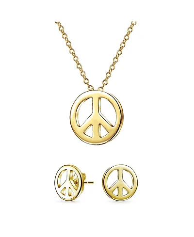 Bling Jewelry Tiny Peace Sign Pendant Stud Earrings Jewelry Set Gold Plated Sterling Silver