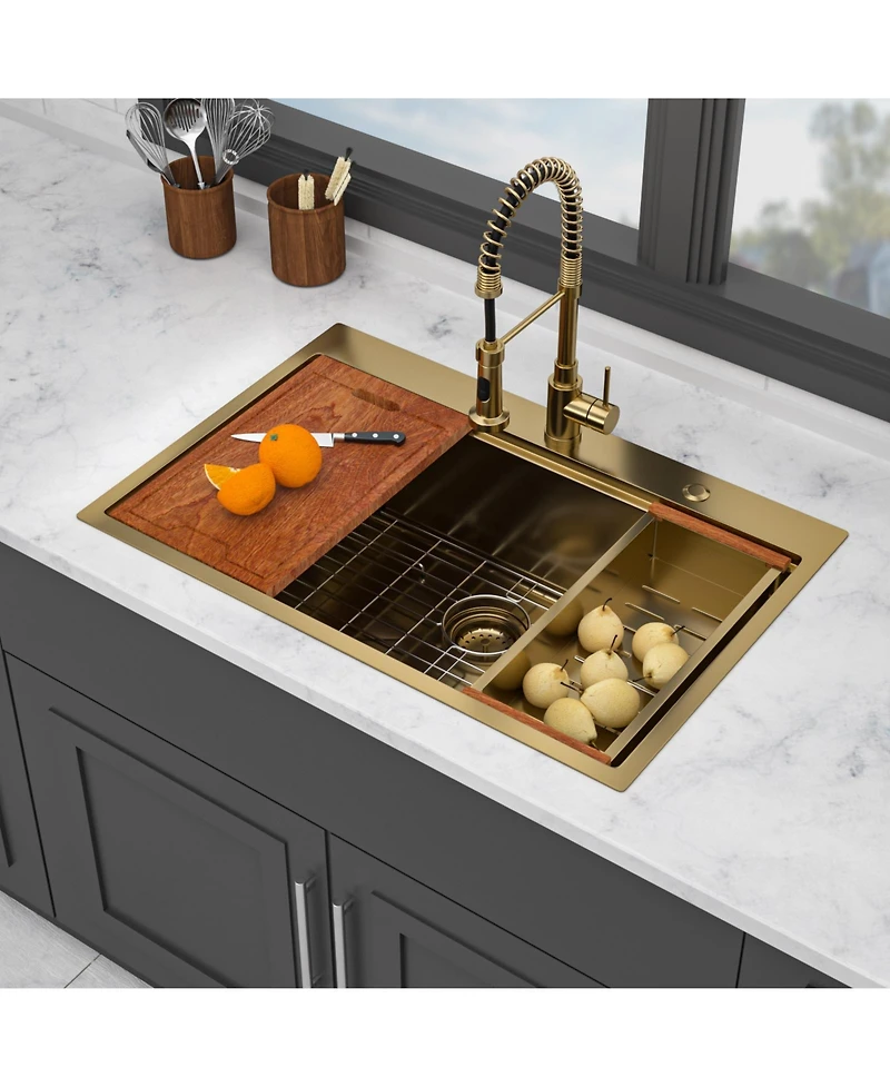 flynama huluwat 36x22x10inch Drop in Gold Kitchen Sink Workstation Stainless Steel Single Bowl 16 Gauge