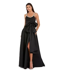Mac Duggal Petite Satin Gown With Pearl Neckline and Bow Detail