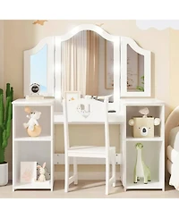 gaomon Kids Vanity with Lights,2 in 1 Princess Makeup Desk & Chair Set, Lighted Mirror, Storage Shelves & Cabinet