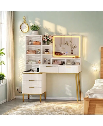 gaomon Fluted Vanity Desk with Mirror and Lights, Makeup Vanity Desk with 5 Drawers & Adjustable Shelves