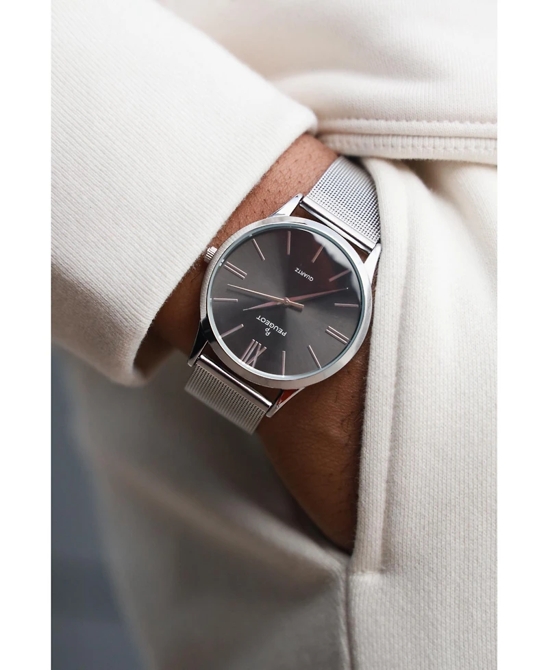 Peugeot Men's 40mm Grey Dial Slim Case Stainless Steel Mesh Watch
