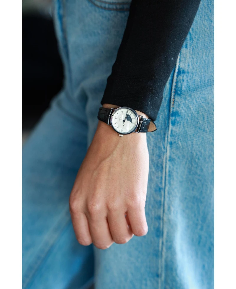 Peugeot Women's 26mm Sun-Moon Phase Silver Watch with Black Leather Strap