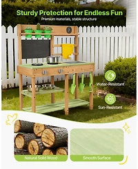 Mecale Kids Outdoor Mud Kitchen, Wooden Play Kitchen with Stove, Tank & Sink, Shovels, Spatulas, Box, Cookware Pots & Accessories