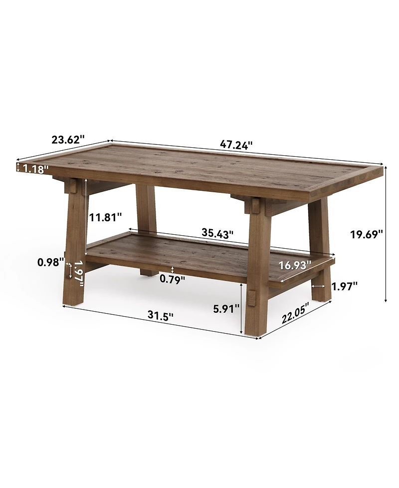 Tribesigns Solid Wood Coffee Table, 47-Inch Rustic Coffee Table for Living Room, 2-Tier Wood Farmhouse Rectangle Center Table with Storage