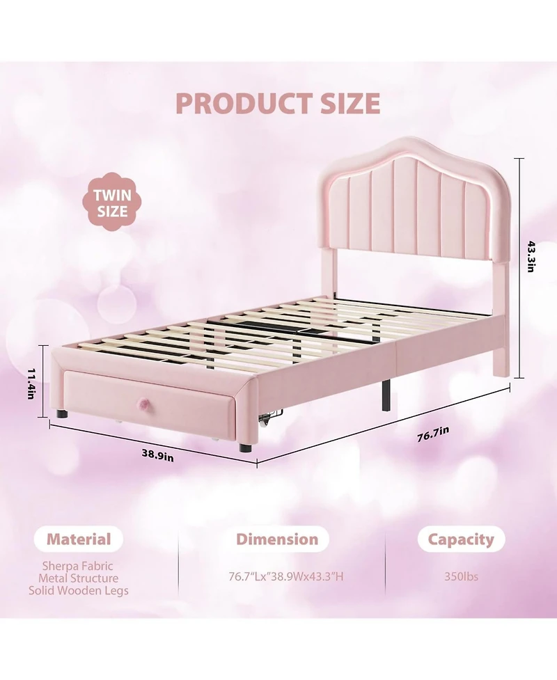 gaomon Twin Led Bed Frame with Storage & Rgb Lights - Upholstered Platform for Kids, Soft Fleece Fabric, No Box Spring Needed