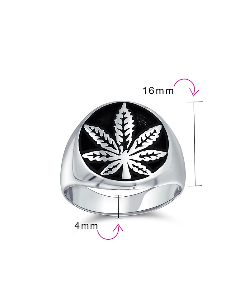 Bling Jewelry Mens Statement Black Marijuana Leaf Medallion Round Signet Ring Sterling Silver