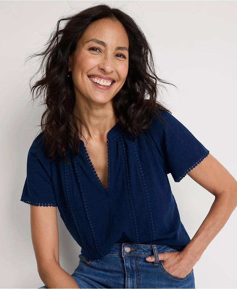 Lands' End Women's Slub Short Sleeve Notch Neck Top