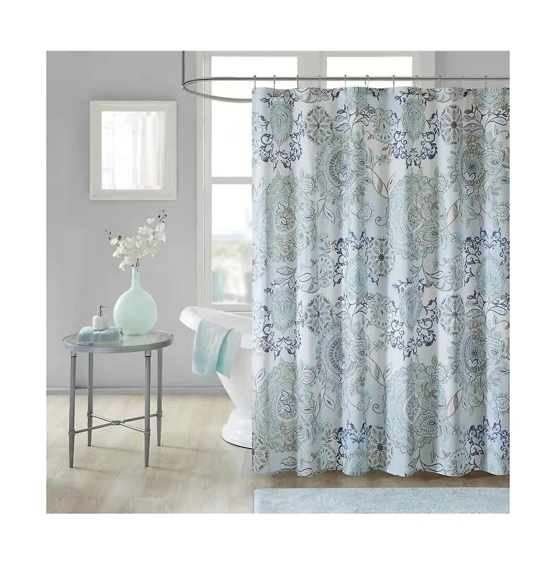 Slickblue 72-inch Cotton Shower Curtain with Blue Watercolor Paisley Floral Motif