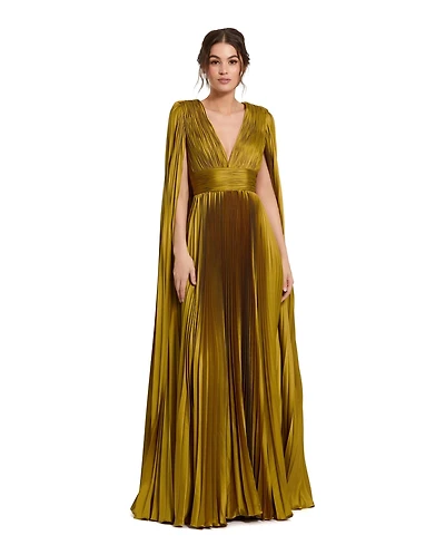 Mac Duggal Petite Pleated Charmeuse V Neck Gown With Cape