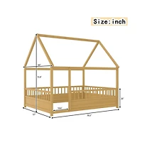Cesicia Full Wooden Floor Bed with House Roof Frame & Fence Guardrails for Kids