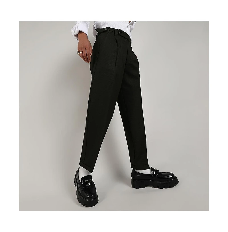 Campus Sutra Men's Juniper Green Tailored Linen-Blend Trousers