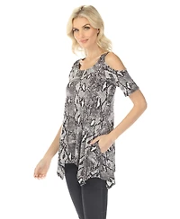White Mark Women's Cold Shoulder Snake Print Swing Top
