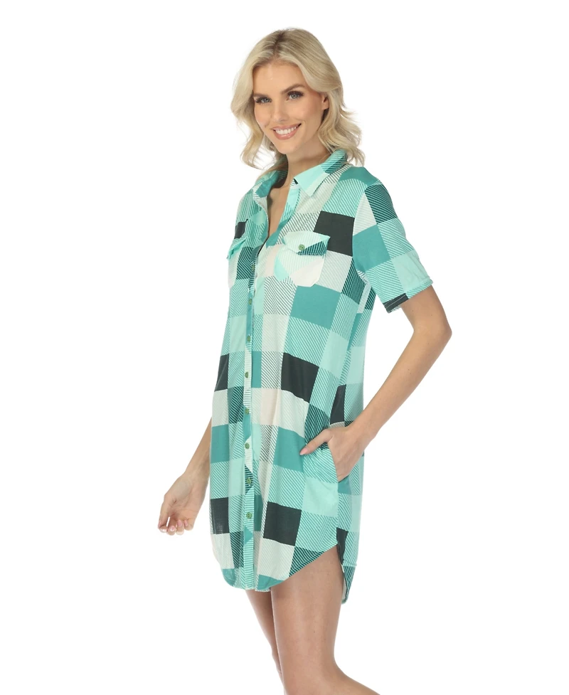 White Mark Women's Short Sleeve Plaid Button-Down Shirt Dress