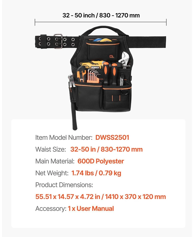 Mecale Tool Pouch with Belt, 14 Pockets Heavy-Duty Tool Belt Pouch, Detachable Adjustable Utility Work Bag, Waist 32–50 in