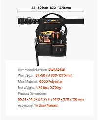 Mecale Tool Pouch with Belt, 14 Pockets Heavy-Duty Tool Belt Pouch, Detachable Adjustable Utility Work Bag, Waist 32–50 in