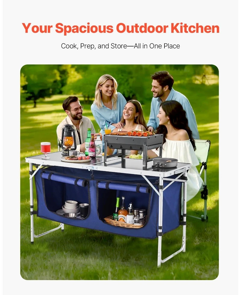 Mecale Camping Kitchen Table – Folding Aluminum Cook Station with Storage & Adjustable Heights